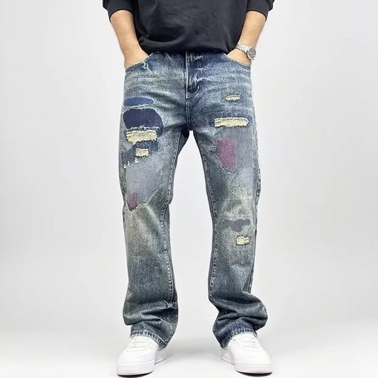 Korean Retro Ripped Jeans Embroidered Slim Fit Men'S Straight Leg Pants Graffiti Jeans Fashion Casual Pants