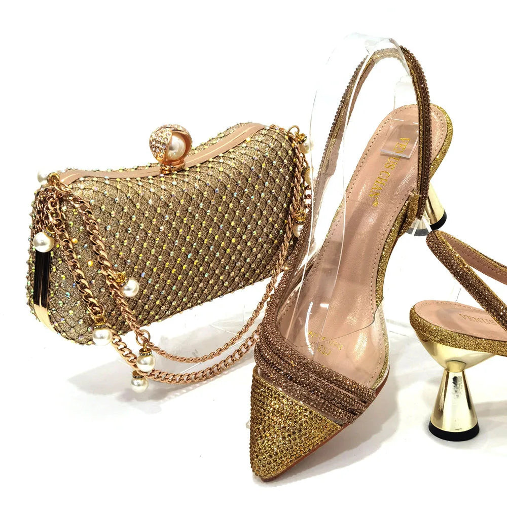 Italian Pointed Toe Wedding Shoes Gold Color Summer Sandal for Women 2023 High Heels Rhinestone Shoe and Bag Set