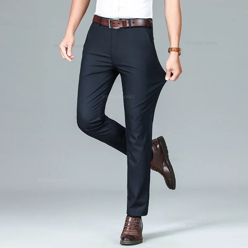 Bamboo Fiber Summer Casual Pants Men's Ultra-thin Iron-free Anti-wrinkle Loose Business Straight Elastic Trousers Brand Clothing