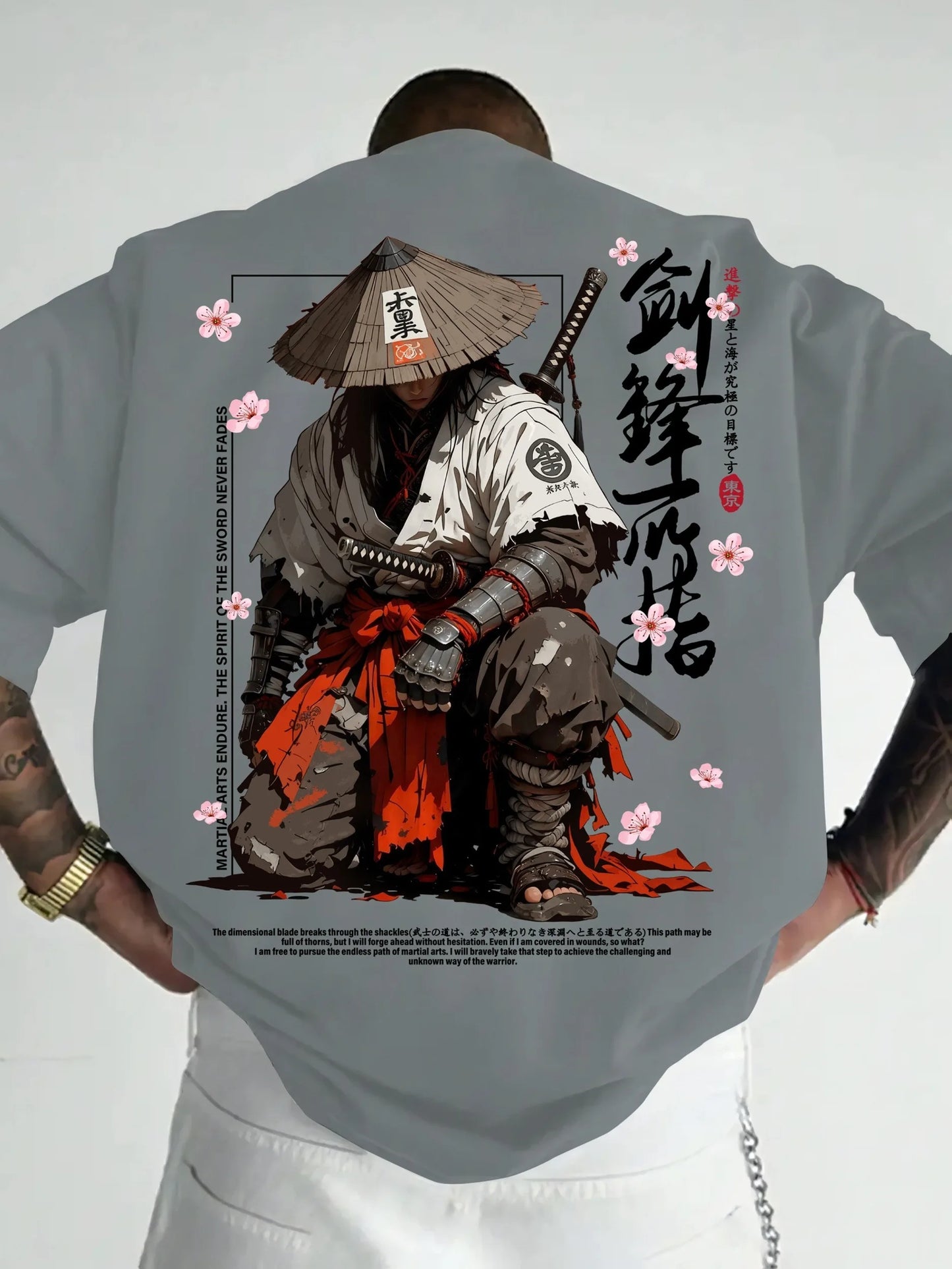 Summer Men's Japanese-style Ink-wash Samurai Pattern Casual Sports Street Style Trendy Short-sleeved T-shirt Soft Breathable