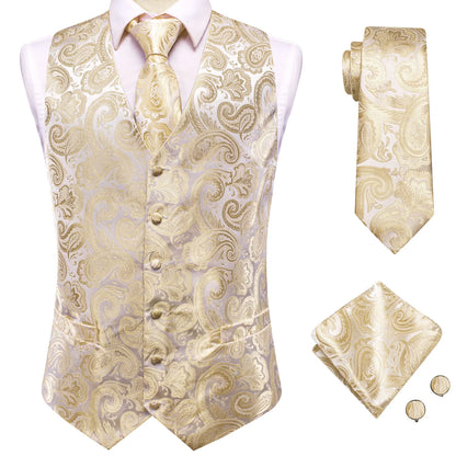 Fashion Silk Vest For Men Classic Gold Champane Yellow Waistcoat Jacket Tie Hankerchief Cufflinks Sets Dress Suit Wedding Hi-Tie