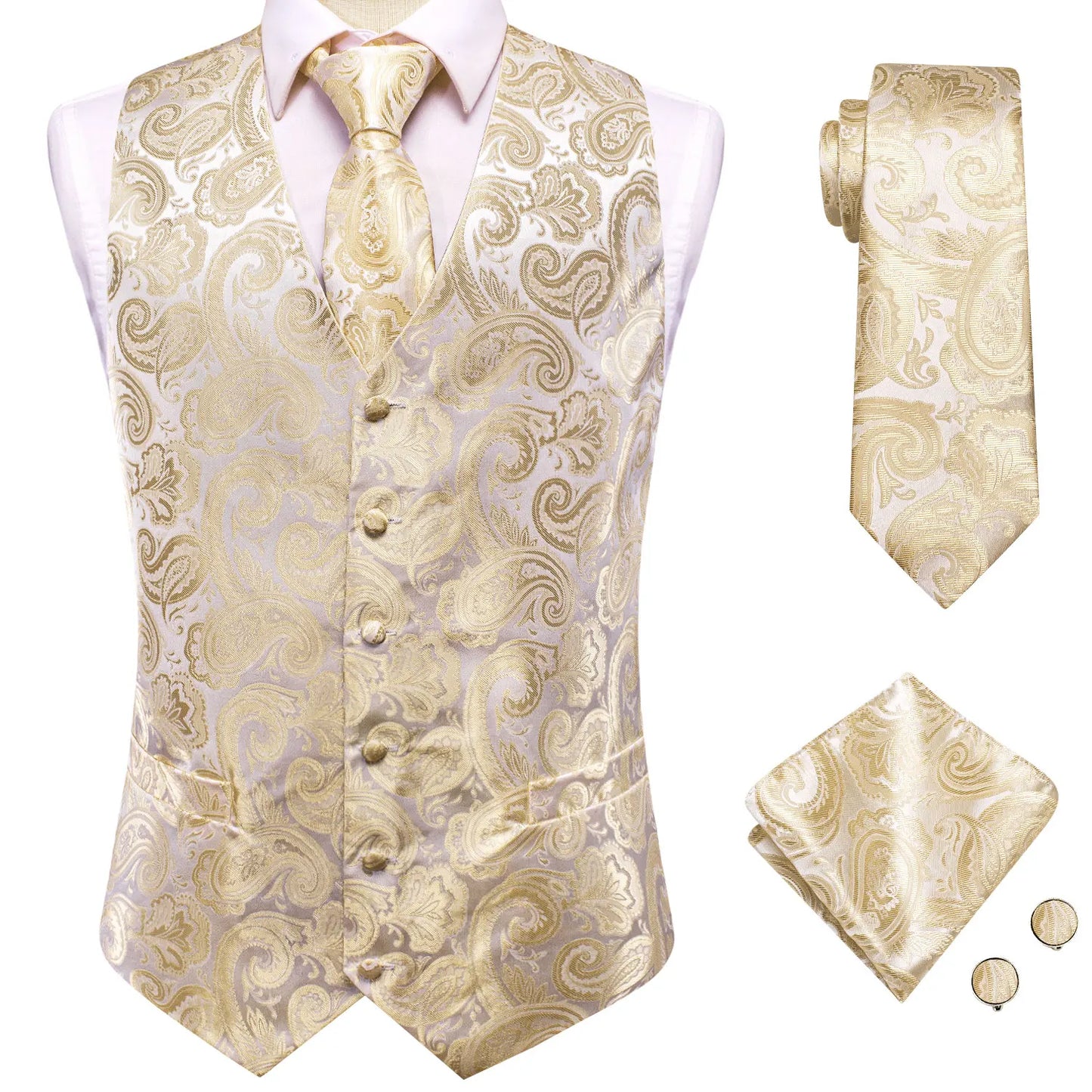 Silk Mens Vests Sleeveless Waist Jacket Jacquard Black Orange Floral Waistcoat Tie Hanky Cufflinks Set for Men Casual XXL