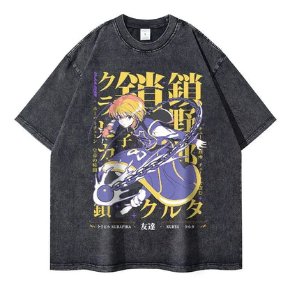 T-shirts Vintage Washed Anime Hunter T Shirt Oversize Manga Killua Zoldyck Gon Hisoka Chrollo Tops Tees Men 100% Cotton
