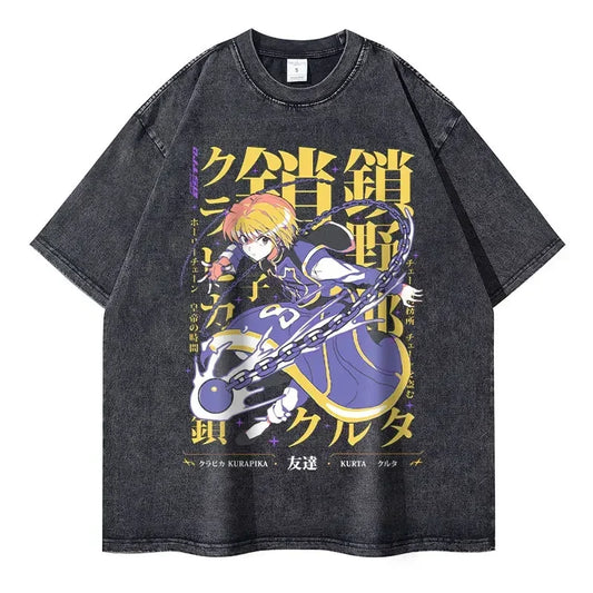 T-shirts Vintage Washed Anime Hunter T Shirt Oversize Manga Killua Zoldyck Gon Hisoka Chrollo Tops Tees Men 100% Cotton