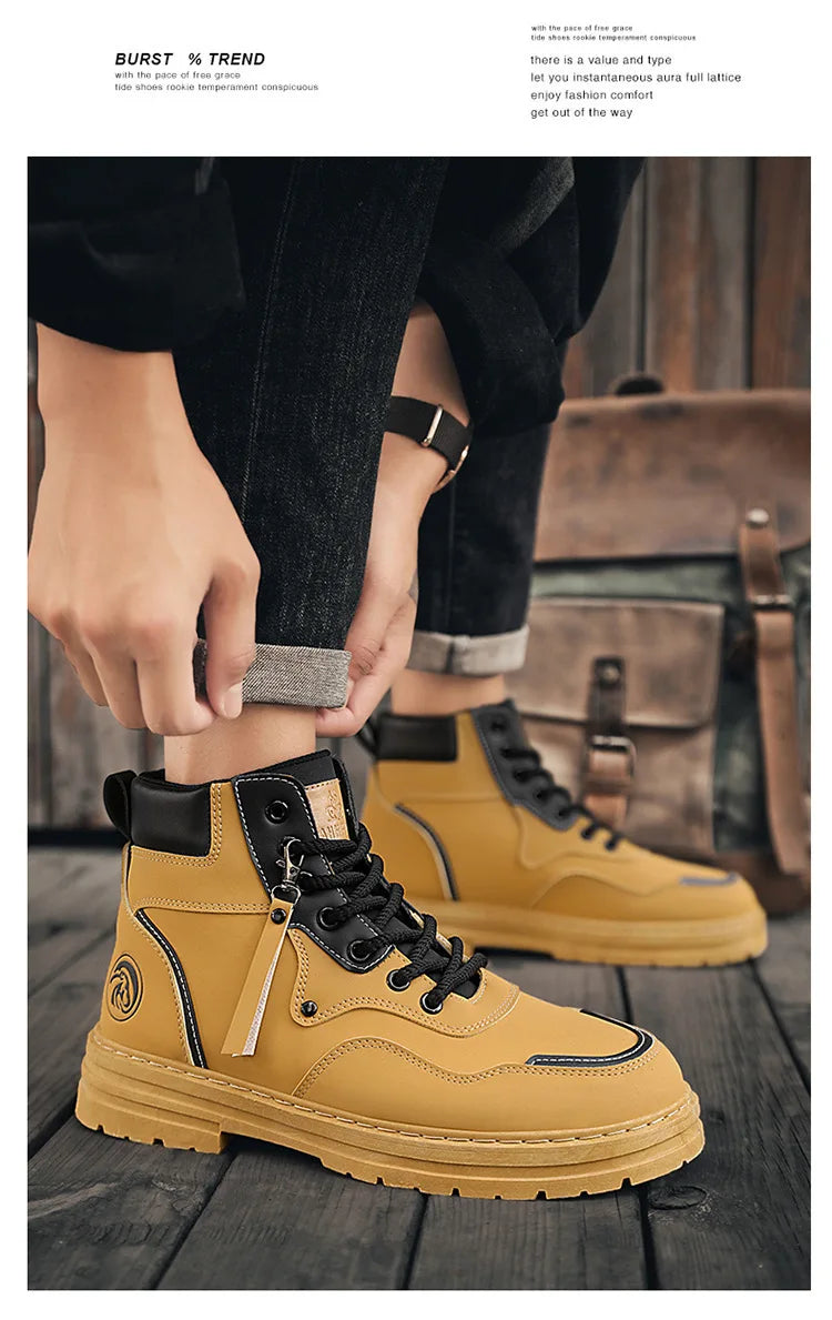Men Boots  Autumn High Top British Korean Thick Soled Platform Comfortable Non Slip Short Boots Outdoor Lace Up Cotton Boots 202