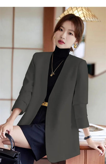 Fashionable Versatile Spring Autumn Women's Blazer Jacket Korean Style Street Style Long Sleeve Suit Coat Pure Color Commute...