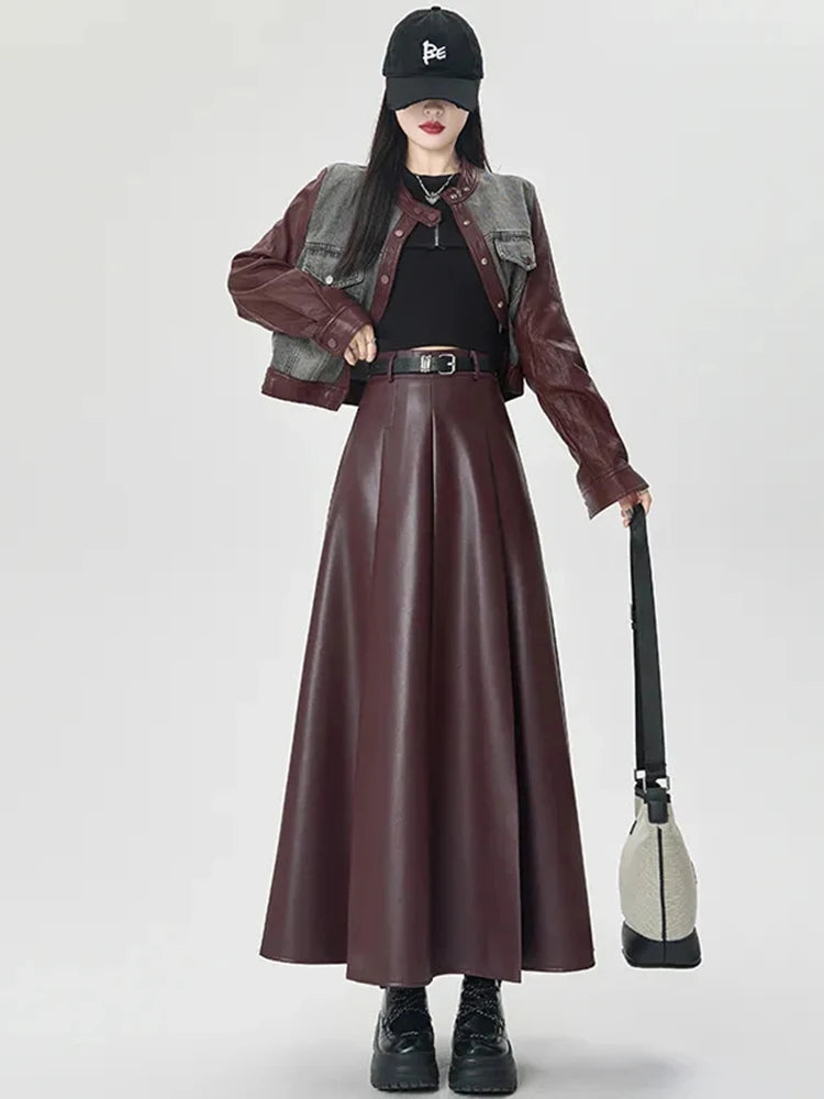 Vintage PU leather women midi skirts Y2K Autumn high waist Streetwear with belt pleated Skirt female elegant Solid A line skirts