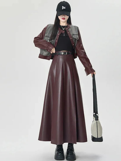 Vintage PU leather women midi skirts Y2K Autumn high waist Streetwear with belt pleated Skirt female elegant Solid A line skirts