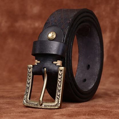 3.8CM Thickened Italian Pure Cowhide High Quality Genuine Leather Belts for Men Carving Strap Male Brass Buckle Jeans Cowboy
