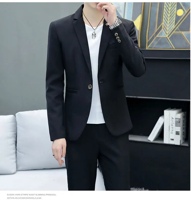 Slim Fit Two-Piece Suit Casual Business Style Solid Color Autumn  Dress Suit with Trousers Included Stylish Men's Costume