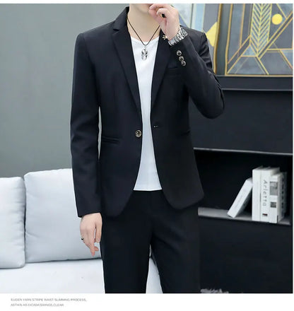 Slim Fit Two-Piece Suit Casual Business Style Solid Color Autumn  Dress Suit with Trousers Included Stylish Men's Costume