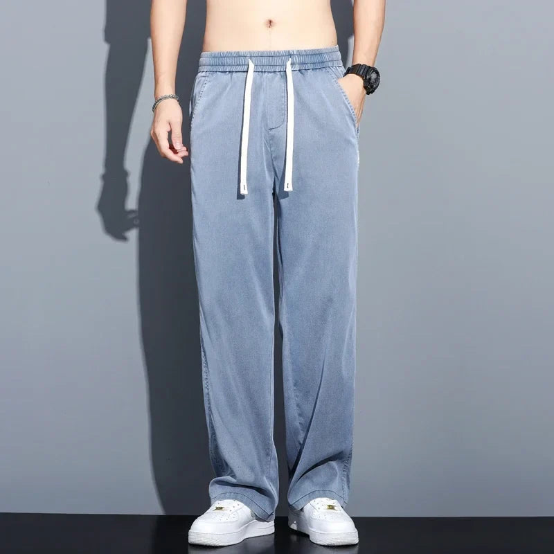 Summer Soft Lyocell Fabric Thin Loose Straight Pants Drawstring Elastic Waist Korea Casual Trousers Men's Jeans Plus Size M-5XL