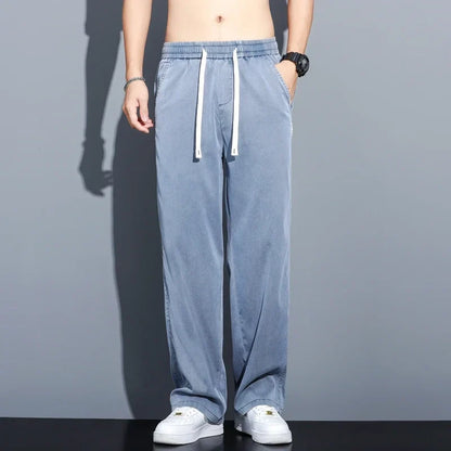 Summer Soft Lyocell Fabric Thin Loose Straight Pants Drawstring Elastic Waist Korea Casual Trousers Men's Jeans Plus Size M-5XL