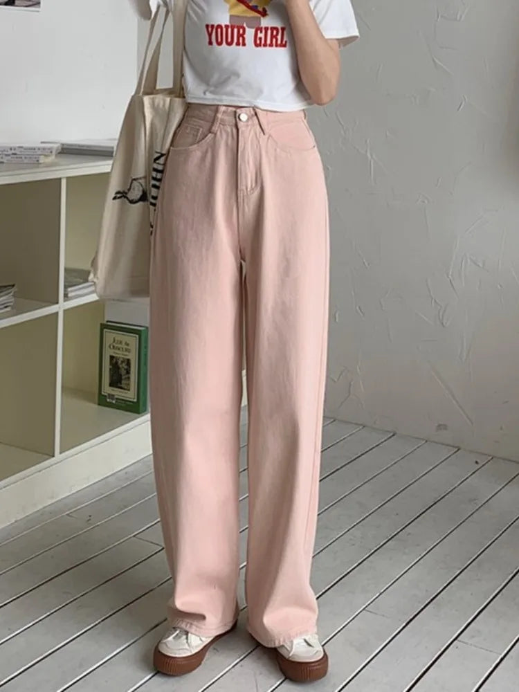 Korean Sle Simple Pure Color Wide Leg Jeans Pants for Women Summer Season Fall Collection Faion Ladies Premium Denim