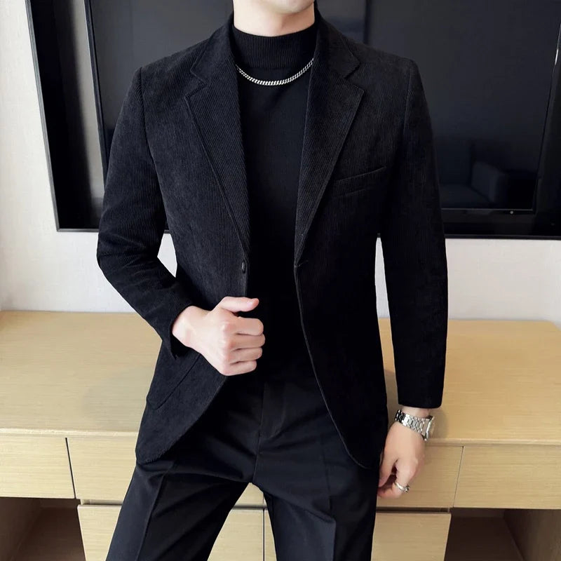 2026 Spring/Fall Men's Blue Suit Jacket, Black Long-Sleeve V-Neck Single-Breasted Formal Coats, Asian Fit Slim Cut.