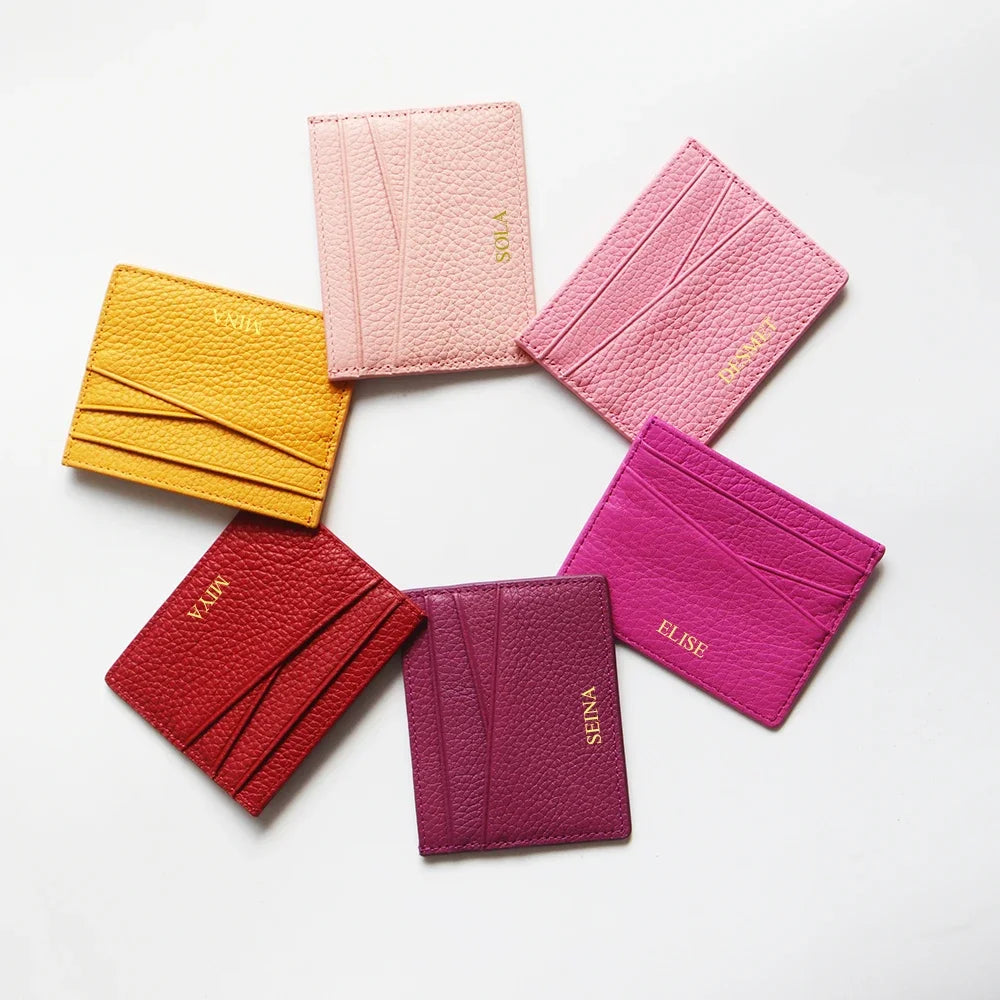 Porte-cartes en cuir de vachette avec logo personnalisé pour femme et homme, sac à cartes fin en cuir véritable, gravure du nom, portefeuille de luxe décontracté