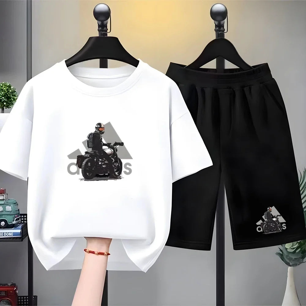 Kids black Summer Leisure Short Sleeve T-shirts+shorts Suits 3-12 Years Boys Girls Casual Outfits Children 2pcs Brand Clothes