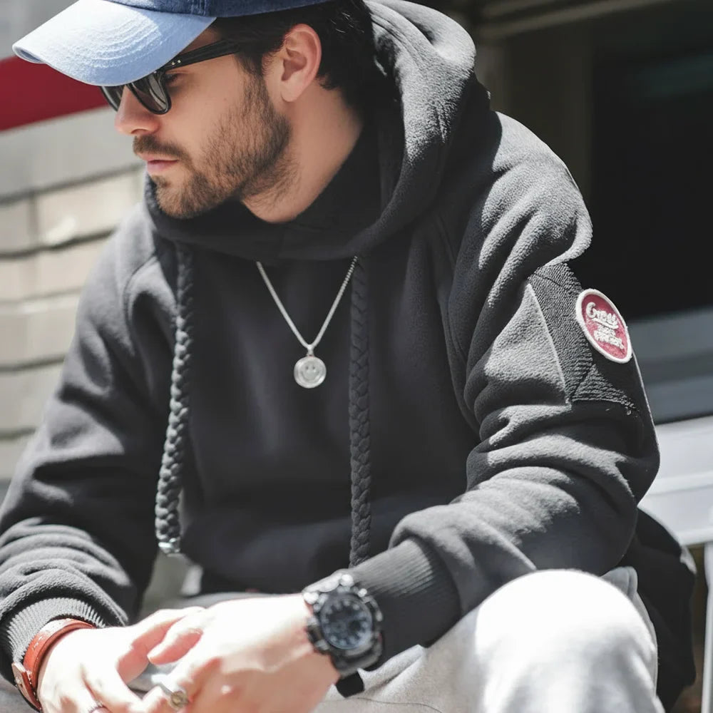 2024 Autumn Winter Casual Heavyweight Hoodie Men's Black Versatile Thickened Fleece Pullover Loose Warm Hooded Sweatshirt