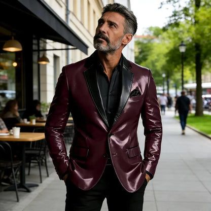 Men's Shiny Patent Leather Blazer Contrast Notch Lapel Two Button Suit Jacket Luxury Casual Business Formal Coat Party Wedding