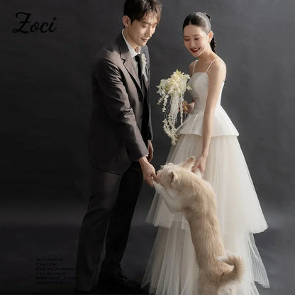 Customized Korea A Line Wedding Dresses Tiered Tulle Lace Up Bride Formal Party Wedding Photography Long Bridal Gown Women