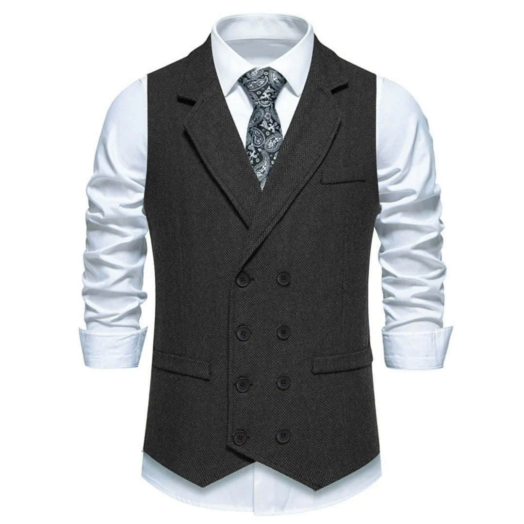 Men Vest Gray Herringbone Double Button With Lapel Waistcoat For Wedding Groom Business Banquet Office Work Men Suit Vest