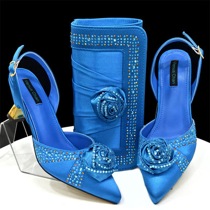 Sparkling Rhinestone Rose Pumps With Medium Heel for Nigerian Women's Party, Pointed Toe Shoes and Matching Bags