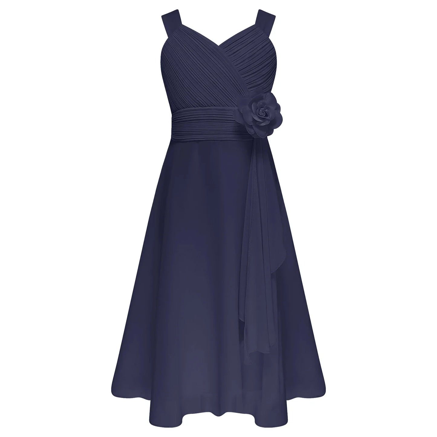 Summer Fashion Flower Girls Dress Wedding Birthday Party Kids Chiffon Dress Sleeveless Ruched Bodice Elegant Princess Dress
