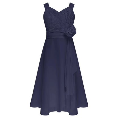 Summer Fashion Flower Girls Dress Wedding Birthday Party Kids Chiffon Dress Sleeveless Ruched Bodice Elegant Princess Dress