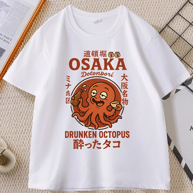 Japanese Style T-shirt drunken octopus Osaka Tshirt Seafood Men Women Graphic Tee Cotton Printed Short Sleeve T Shirt Streetwear