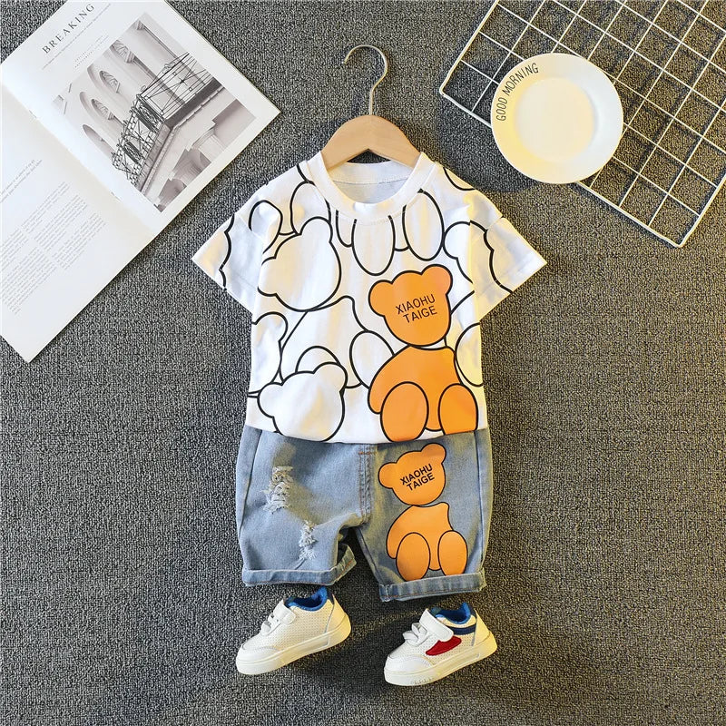 Summer Baby Boys Carttoon T-Shirt And Denim Shorts Set Toddler Infant Casual Clothing Outfit Kids Children's Clothing Suit