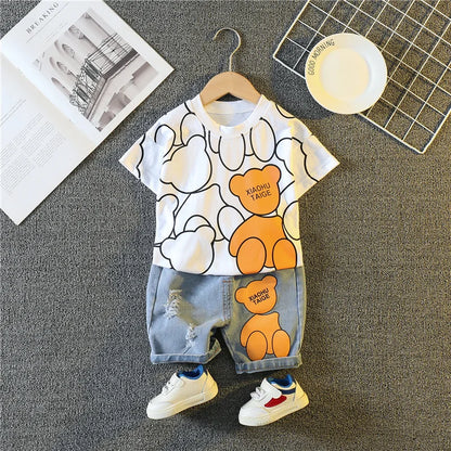 Summer Baby Boys Carttoon T-Shirt And Denim Shorts Set Toddler Infant Casual Clothing Outfit Kids Children's Clothing Suit