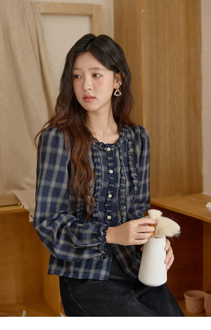 Women's Vintage Blue Plaid Shirt 2025 Autumn New Elegant Luxury Loose Waist Shirts Round Neck Long Sleeved Top MXE45X2480