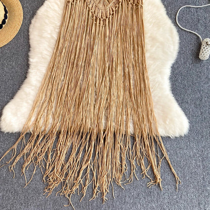 Retro Knitted Camis Bohemian Vacation Beach style Summer Tank 2024 New Women Strap Sleeveless Long Tassel Tops