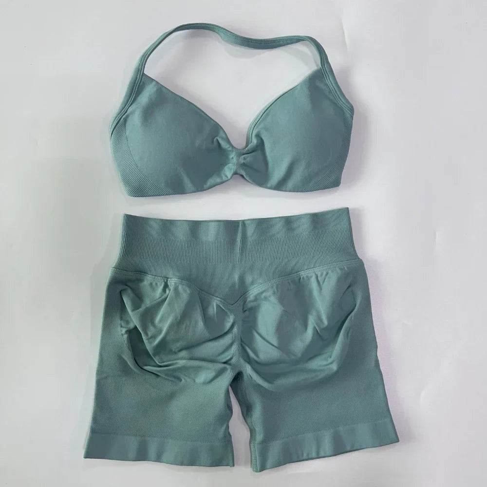 NO LOGO 2PCS Gym Set Women Strappy Yoga Bra Top High Waist Workout Scrunch Shorts Sports Suit Seamless Yoga Set Fitness Clothes