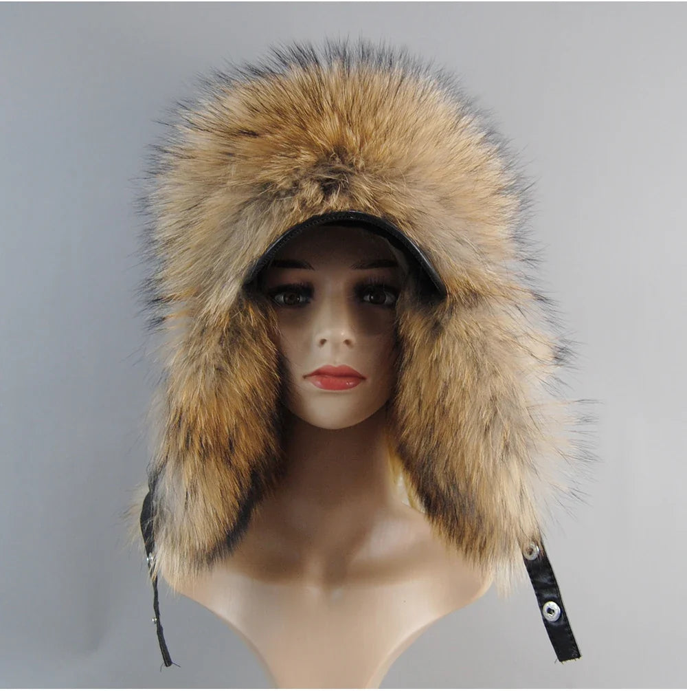 100% Real Fox Fur Hat Women's Russian Ushanka Aviator Trapper Snow Skiing Hat Caps Earflap Winter Raccoon Fur Bomber Hat