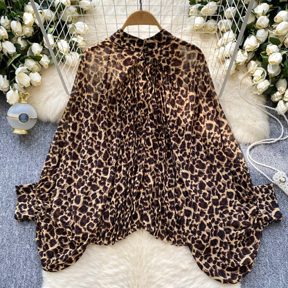 Autumn Leopard Print Blouse Women Bow Neck Long Sleeves Loose Top Korean Style Ins Polka Dot Chiffon Shirt 2025