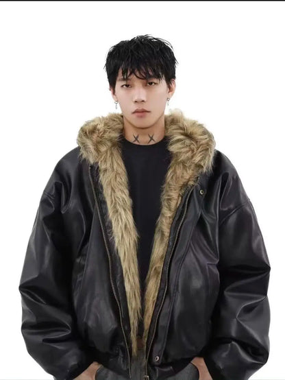 Luxury Vintage Short American Faux Fur Coat New Reversible Wear Hooded Warm Pu Leather Jacket Winter Thick Chic Outerwear New