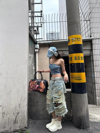 Women Y2k Ripped Jeans Harajuku Wasteland Style Baggy Denim Trouser Vintage Boyfriend Oversize Jean Pants Japanese 2000s Clothes
