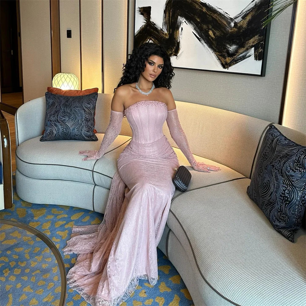 Customized Pink Off The Shoulder Mermaid robes de soirée Lace Sexy Long Sleeve Party Dresses  Floor-Length Prom Dress 2025