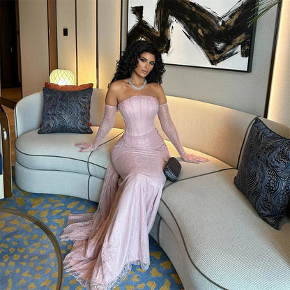 Customized Pink Off The Shoulder Mermaid robes de soirée Lace Sexy Long Sleeve Party Dresses  Floor-Length Prom Dress 2025