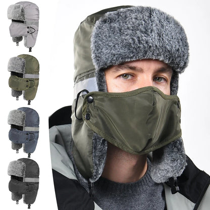 Men's Outdoor Fleece-Lined Thick Warm Reflective Strip Lei Feng Hat with Removable Mask Ear Flap Bomber Hat Winter Pilot Cap