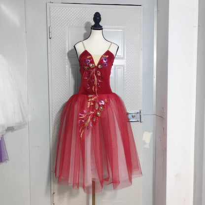 Long Ballet Tutu Skirts Flower Lace Dress Performance Costumes Princess Dance Practice Romantic Dress