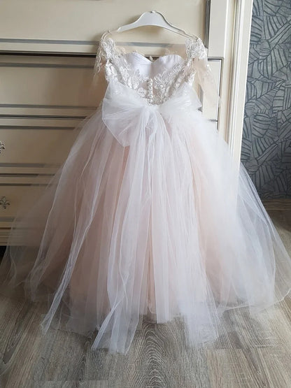 Cute Flower Girl Dresses for Wedding Big Bow Appliques Long Little Pageant Gowns Girls White Tulle First Communion Gowns