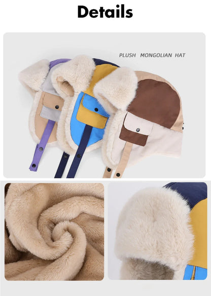 Children Winter Hat Thick Warm Outside Snow Ski Earflap Cap Boys Girls Patchwork Russian Hat Windproof Trapper Bomber Hat