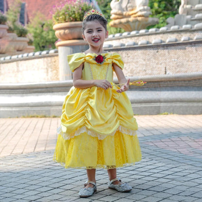 Girl Belle Dress Beauty Cosplay Costume Princess Deluxe Applique Outfit Children Birthday Party Elegant Gown Fairy Disguise Sets