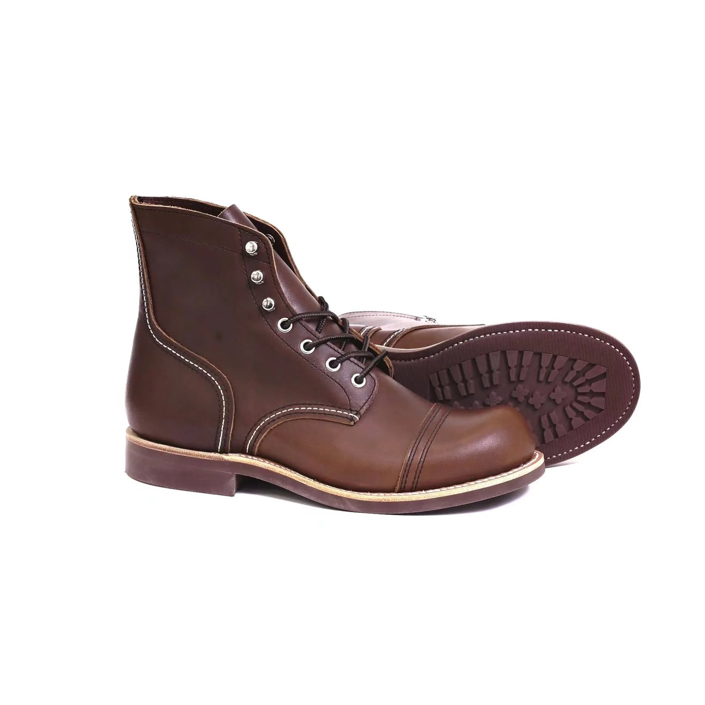 Durable Goodyear-Welted Motorcycle Rugged Heritage Boots Vintage Oil Genuine Leather 8111 Red Punk For Men Cowhide Mid-Cut Shoes