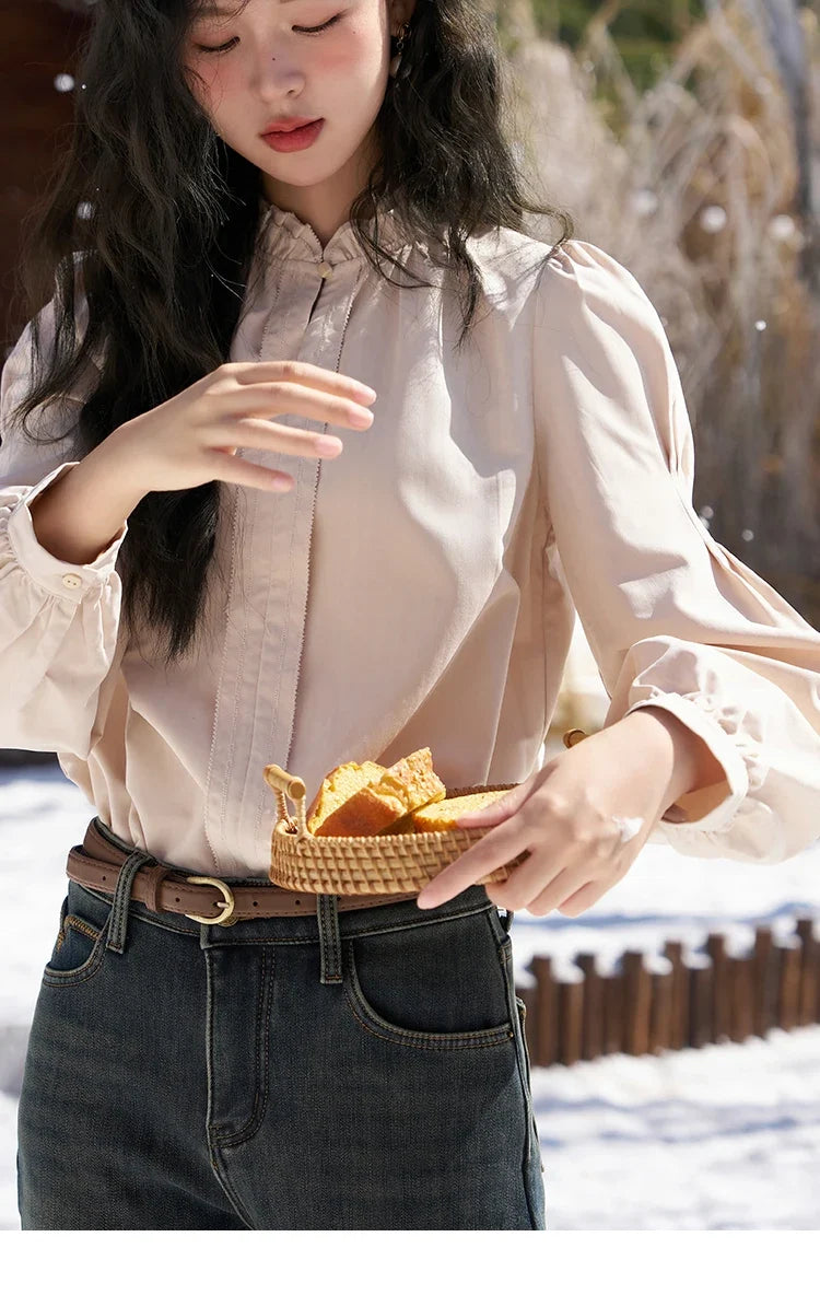 French Autumn Winter Button Up Lantern Long Sleeve Shirts Women Ruffle Neck Thick Warm Blouse Flannel Shirt MXC56X1320
