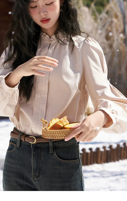 French Autumn Winter Button Up Lantern Long Sleeve Shirts Women Ruffle Neck Thick Warm Blouse Flannel Shirt MXC56X1320