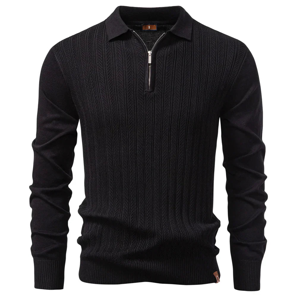 Zip Placket Polo Shirt Men Premium Solid Color Slim Fit Long Sleeve Textured Fabric Business Casual Autumn Winter