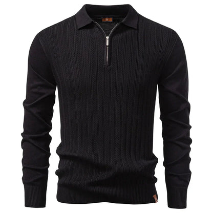 Zip Placket Polo Shirt Men Premium Solid Color Slim Fit Long Sleeve Textured Fabric Business Casual Autumn Winter